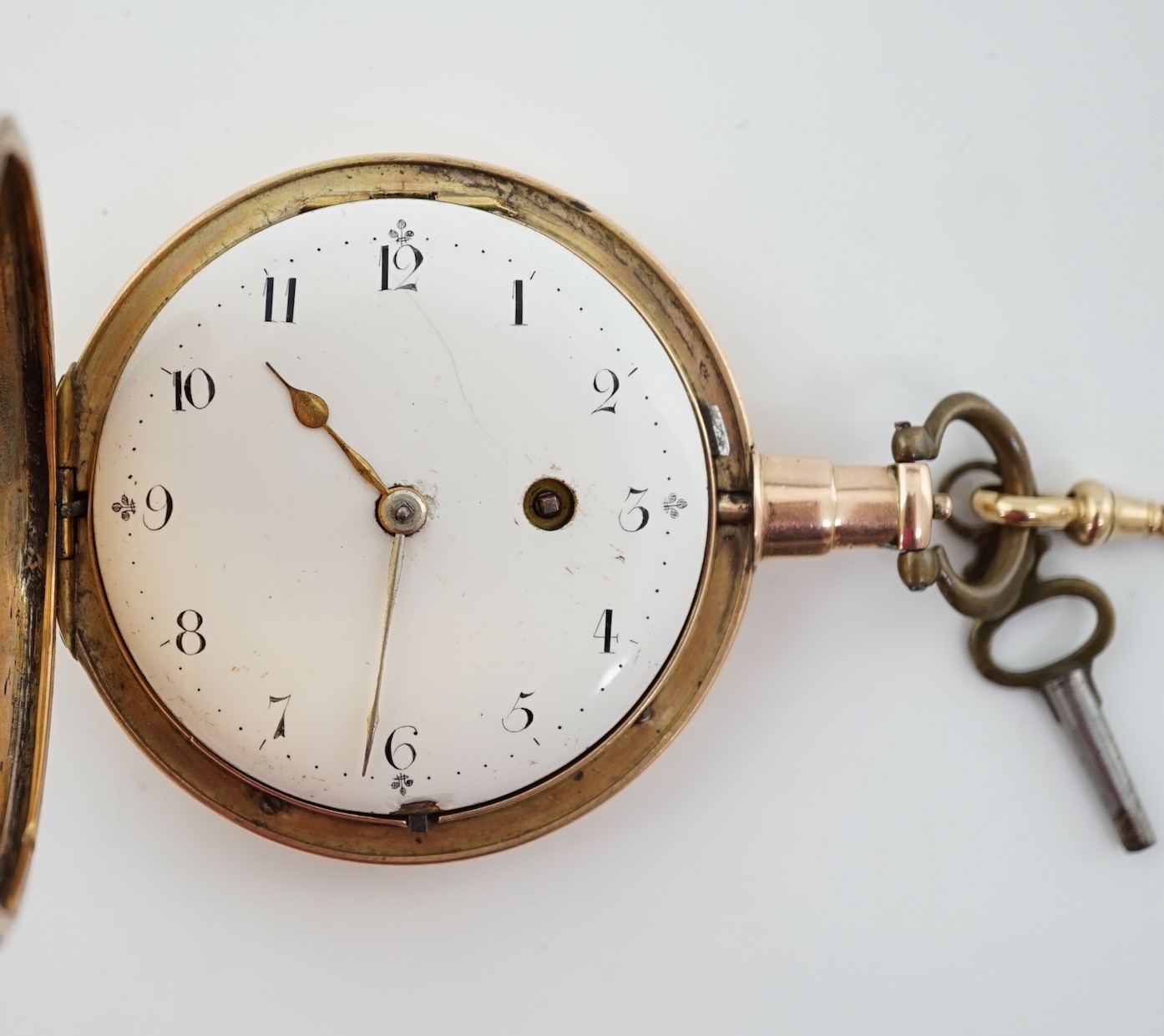 A George III 18ct gold hunter pocket watch by Abraham Samuel, together with a 15ct gold albert and base metal key